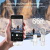 A hand holds a smartphone displaying a wireless microphone transmitter and receiver, demonstrating long-distance audio transm