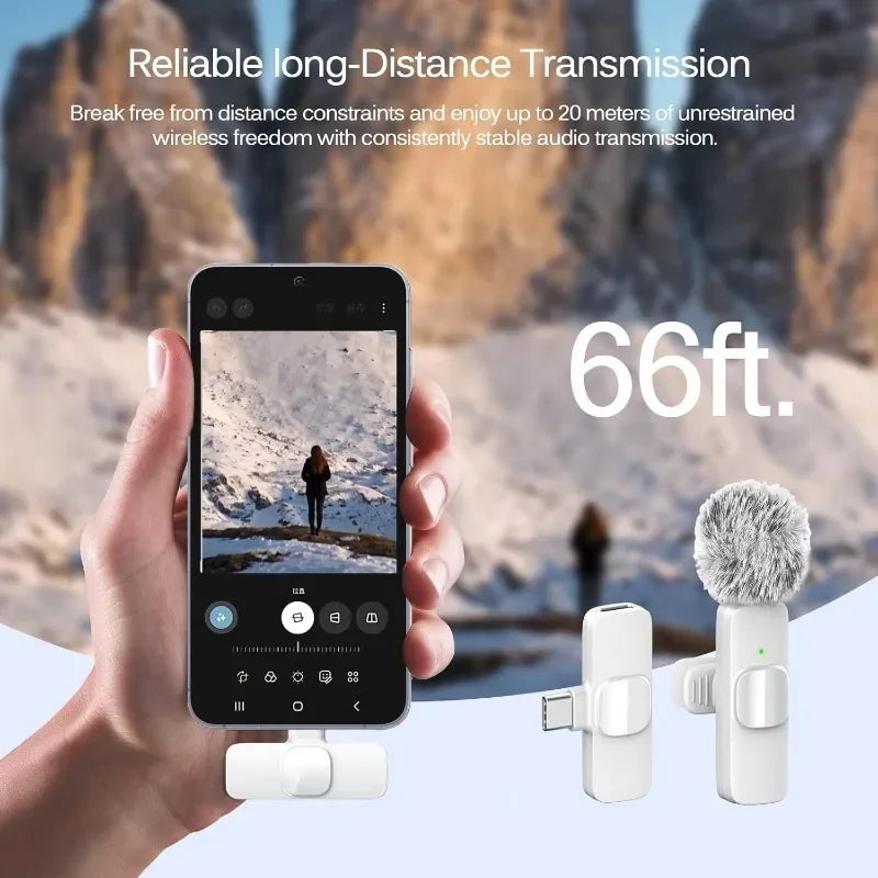A hand holds a smartphone displaying a wireless microphone transmitter and receiver, demonstrating long-distance audio transm