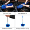 A blue extendable ceiling fan duster with a handle and cleaning attachments shown in use and storage.