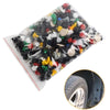 A clear plastic bag filled with an assortment of various colored plastic push-type fasteners and clips for automotive use