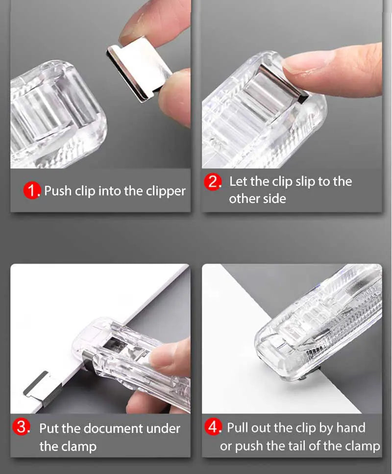 Instructions showing how to use a reusable push clamp stapler to bind documents.