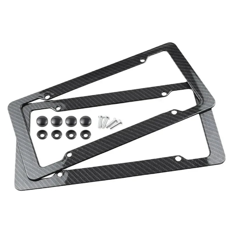 Black carbon fiber style license plate frame set with mounting holes