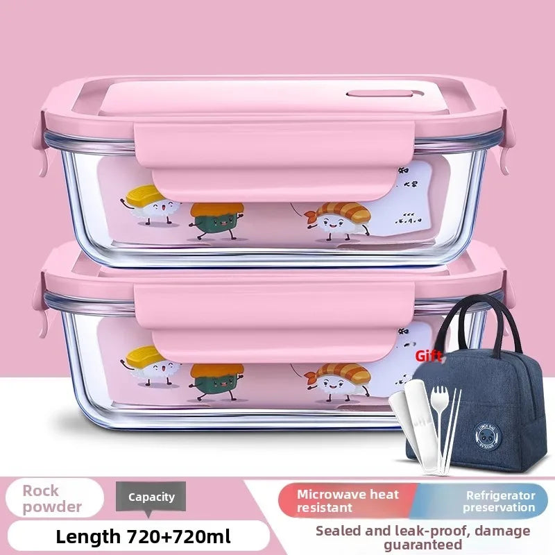Contenedores de vidrio de borosilicato a prueba de fugas color rosa con ilustraciones de comida y una bolsa azul oscuro