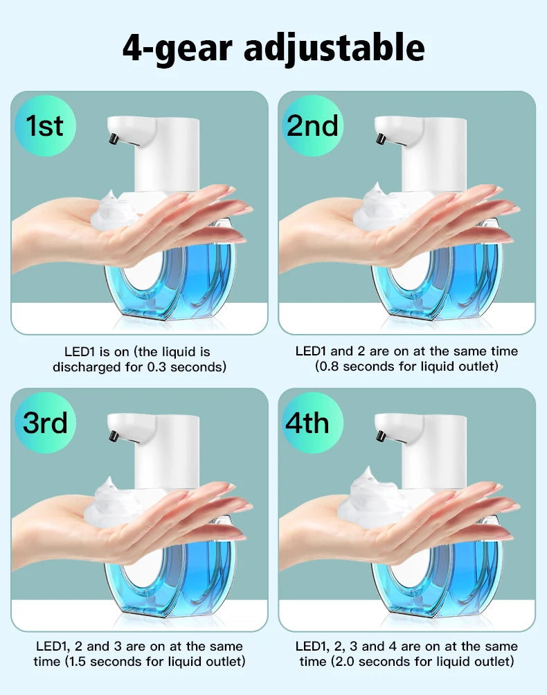 Four adjustable settings of a wall-mounted infrared automatic foam soap dispenser demonstrating different liquid outlet times