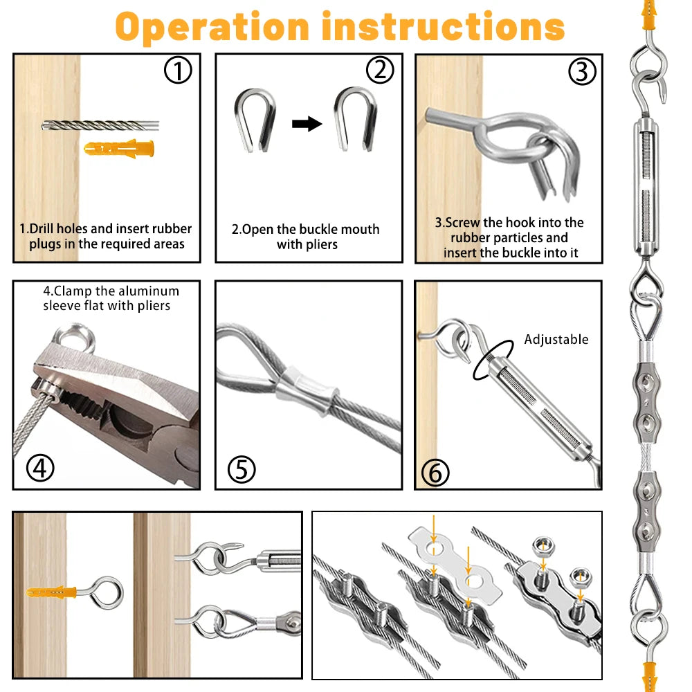 Operation instructions showing how to drill, open, screw, clamp, and adjust the buckles on a PVC-coated stainless steel wire 
