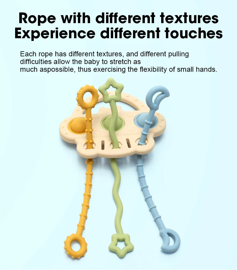 A set of silicone teethers with different textures and pulling difficulties for babies.