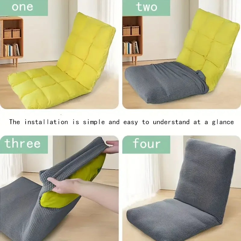 Four variations of a foldable floor sofa cover in yellow and gray showing different installation methods.