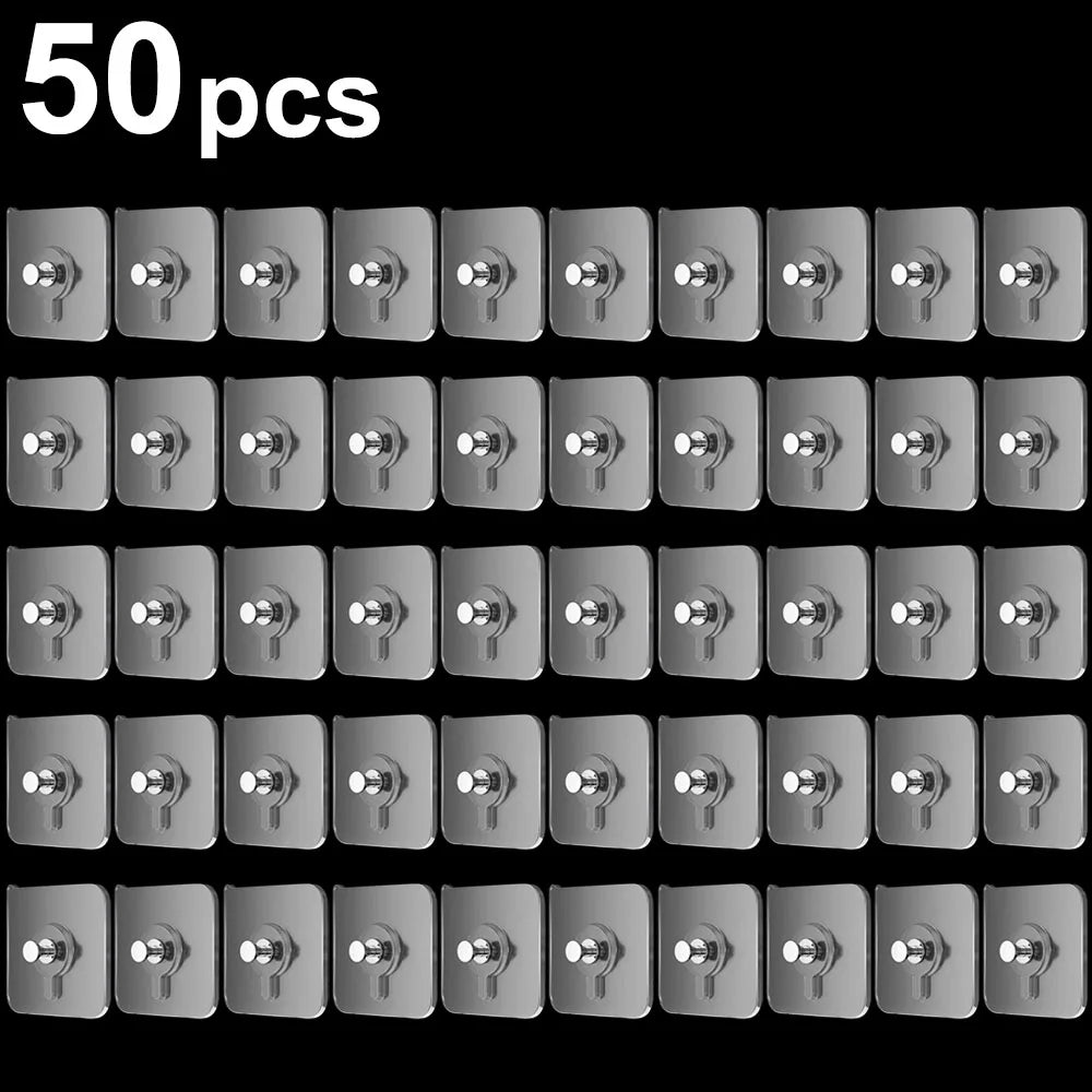 A grid of fifty self-adhesive wall hooks for frames and photos in various sizes.