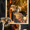 A fantasy scene featuring a dragon pendant, gold ingots, and wooden book nook decor.