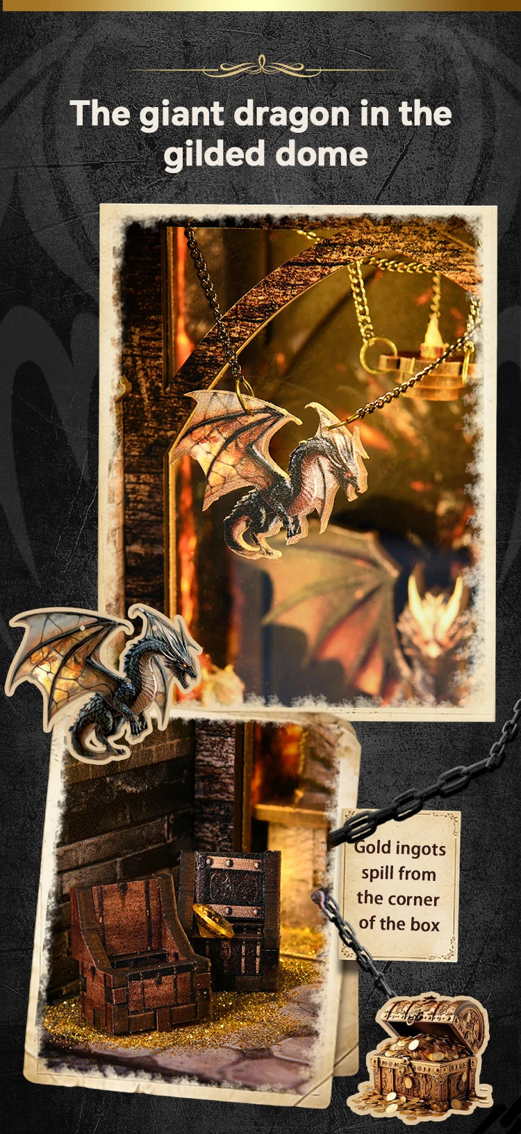 A fantasy scene featuring a dragon pendant, gold ingots, and wooden book nook decor.