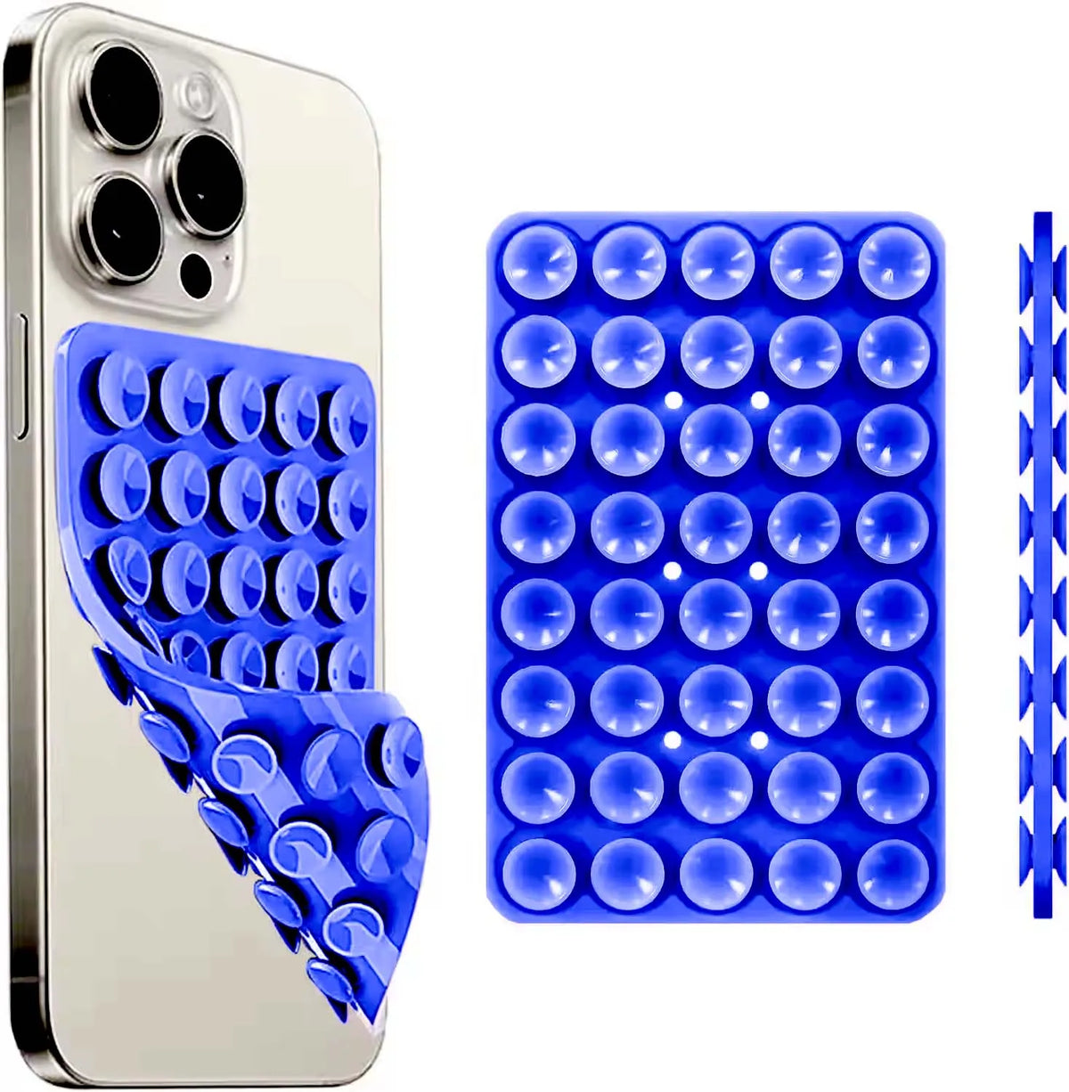 A silver smartphone is shown next to a blue suction cup mount with multiple clear silicone domes.