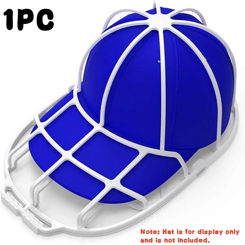 A blue baseball cap is displayed inside a white washing cage set.