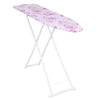 A purple floral patterned foldable ironing board with a white frame.