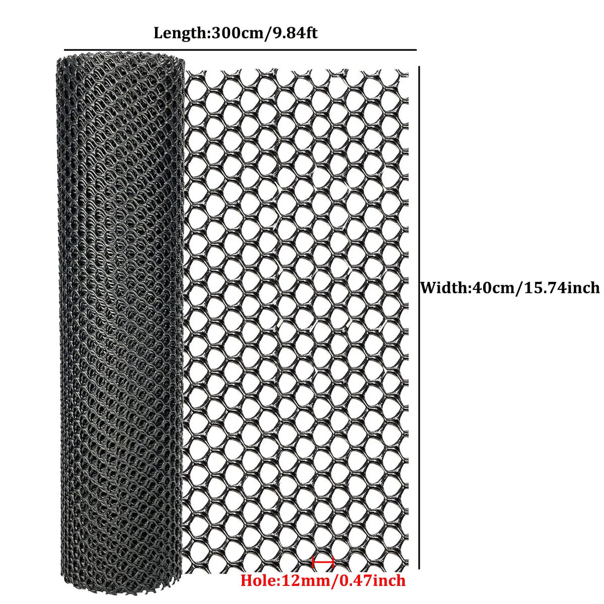 Roll of black plastic wire mesh with 12mm holes, measuring 300cm long and 40cm wide.