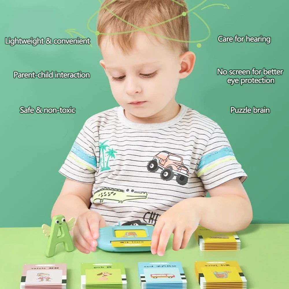 A toddler is interacting with a set of colorful flash cards and a toy, demonstrating learning and interaction.