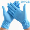 A pair of light blue disposable nitrile gloves shown against a white background.