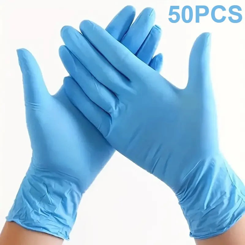 A pair of light blue disposable nitrile gloves shown against a white background.