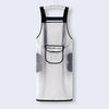 A white waterproof kitchen apron with black straps and a pocket on a light gray background.
