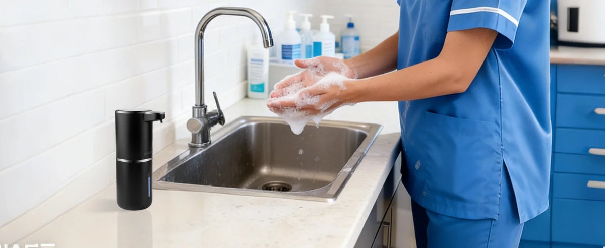 A person in blue scrubs dispenses soap into a stainless steel sink using a faucet, with a black dispenser nearby.