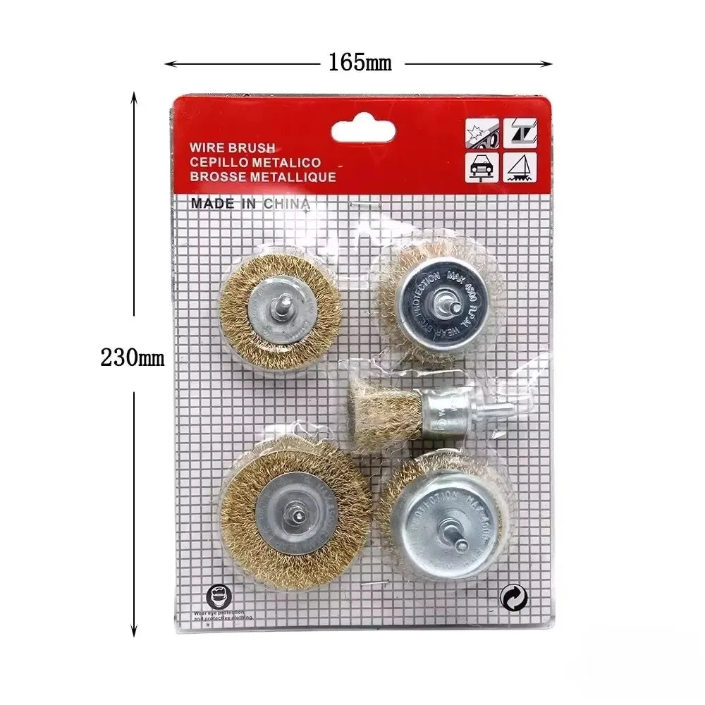 A set of metal wire brush wheels and cups packaged in a red cardboard container.