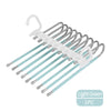 A set of nine light green non-slip stainless steel pants hangers.