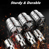 A set of shiny chrome-vanadium steel sockets and wrenches being quenched in hot, glowing metal.