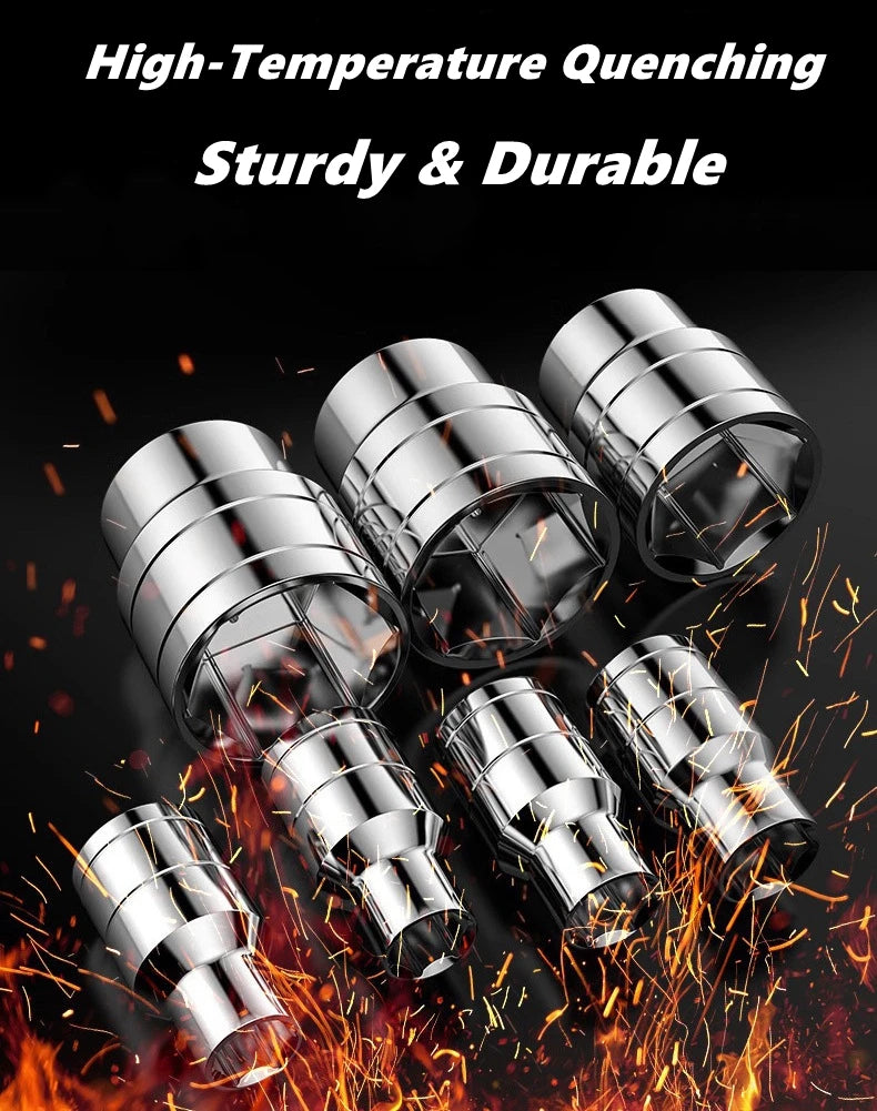 A set of shiny chrome-vanadium steel sockets and wrenches being quenched in hot, glowing metal.