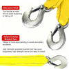 Close-up of a yellow braided belt and silver hook hardware for a heavy duty tow strap.