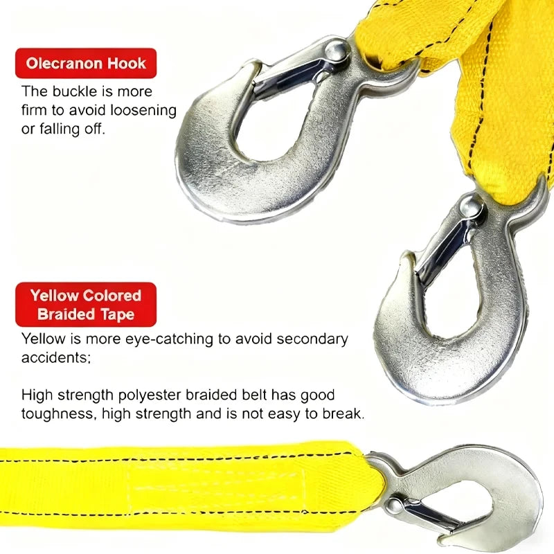 Close-up of a yellow braided belt and silver hook hardware for a heavy duty tow strap.