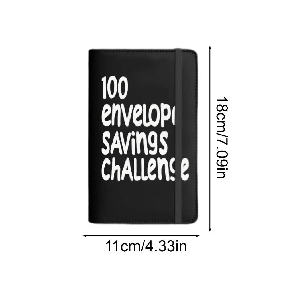 Black binder for a 100-day envelope savings challenge with dimensions 18cm x 7.09in.