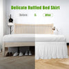 Before and after comparison of a delicate ruffled bed skirt on a wooden bed frame.