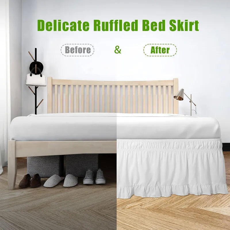 Before and after comparison of a delicate ruffled bed skirt on a wooden bed frame.