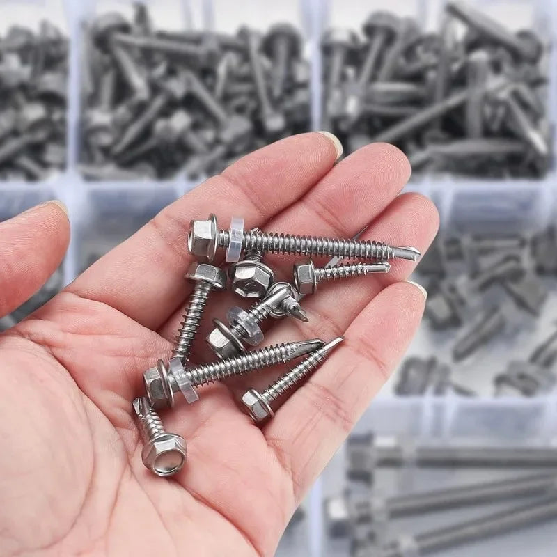 Self-Drilling Roofing Screws with Rubber Washer - Stainless Steel Hex Head
