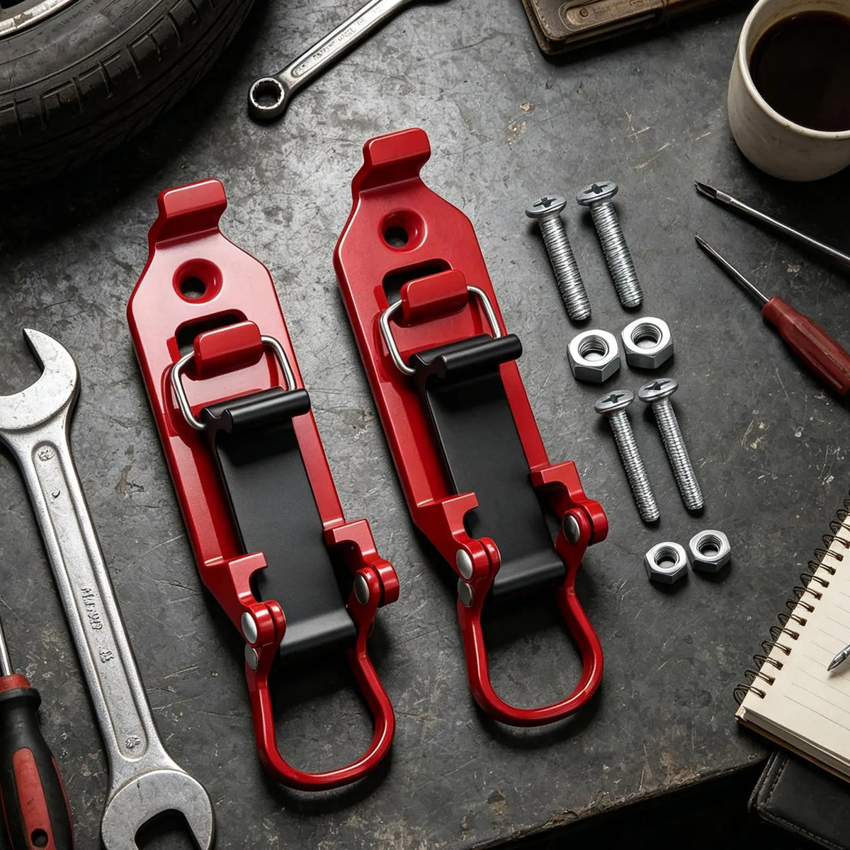 Two red heavy-duty quick release shovel holders resting on a dark surface with tools and hardware.