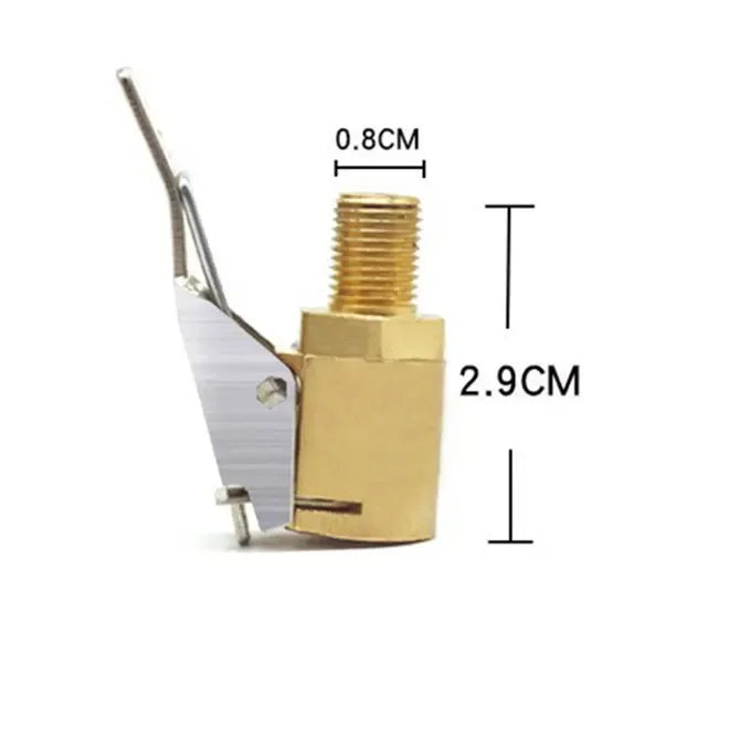 Brass tire inflator chuck with quick-connect clip showing dimensions and mechanism.