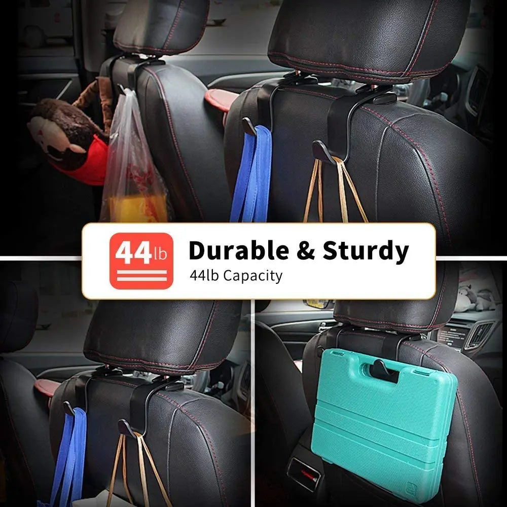A set of four durable car seat headrest hooks in various colors for organizing bags and belongings.