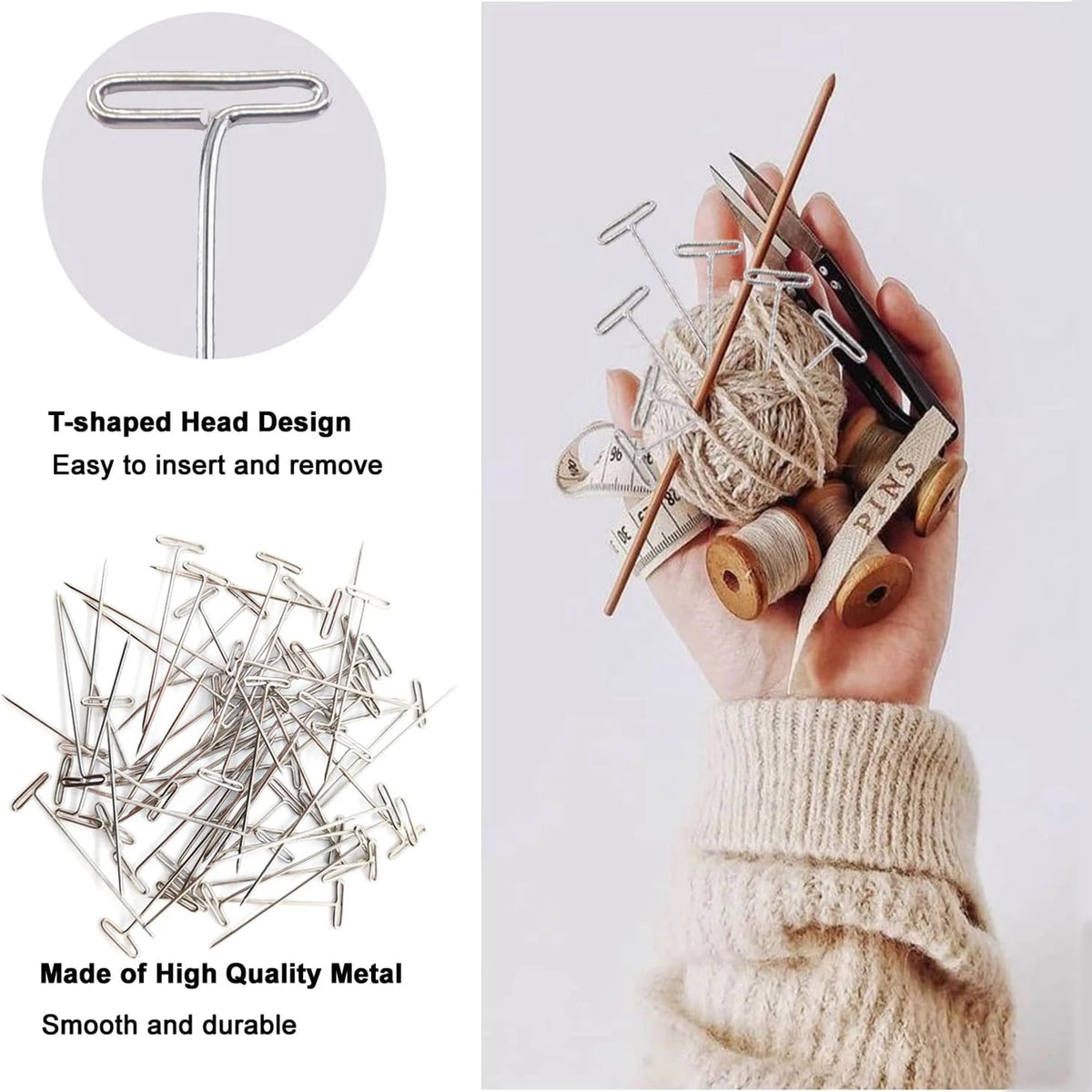 A hand holds a bundle of T-shaped metal pins used for knitting, sewing, and crafting.