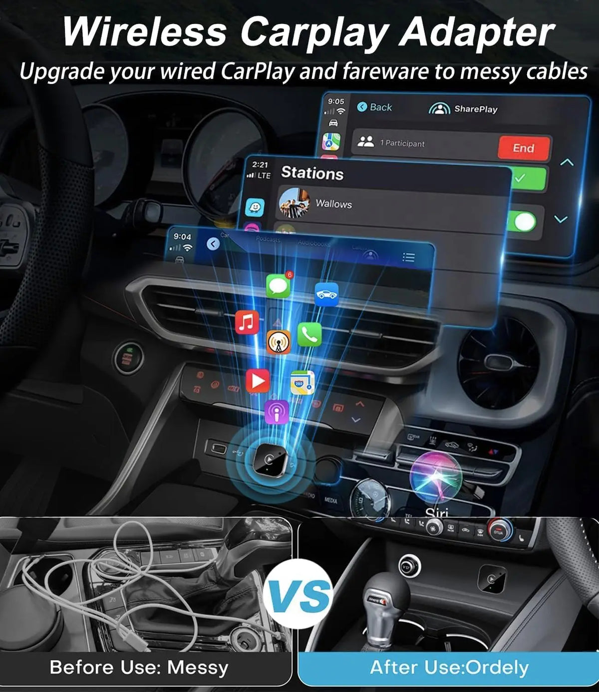 Wireless CarPlay adapter device shown in a car interior, demonstrating the upgrade from messy wires to an orderly connection.