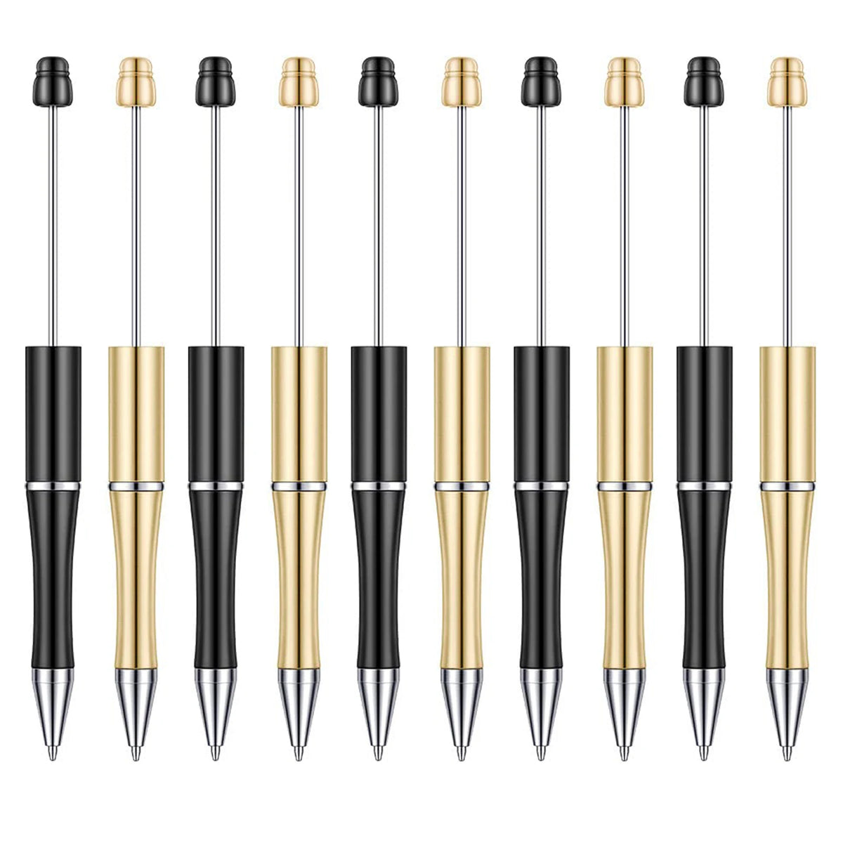 A row of black and gold beadable ballpoint pens with silver caps.