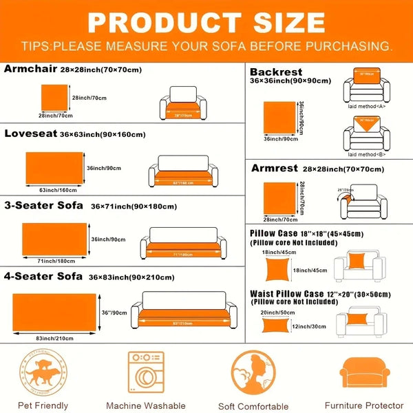 Diagrams showing various sizes and dimensions for armchairs, loveseats, three-seater sofas, and four-seater sofas.