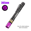 A black mini UV flashlight with a purple light beam, shown in a vertical orientation.