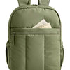 Olive green laptop backpack with a front pocket and quilted design