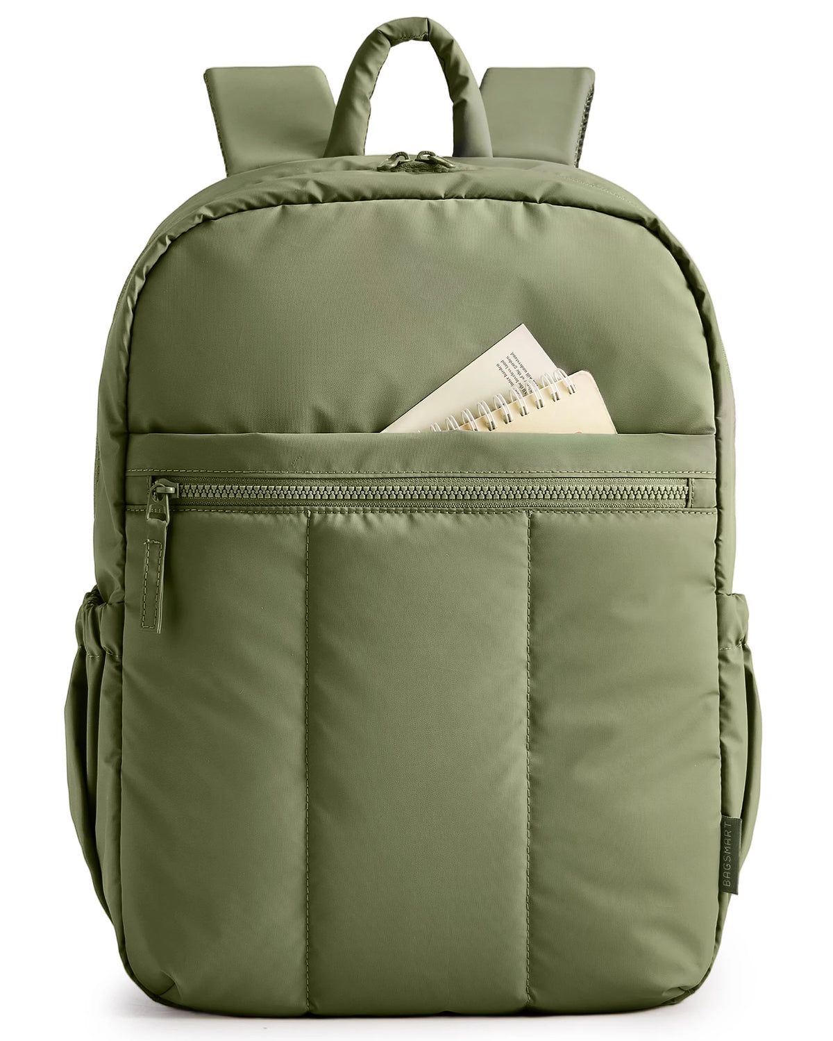 Olive green laptop backpack with a front pocket and quilted design