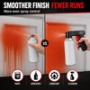 A hand sprays paint onto a door, demonstrating smoother finish and fewer runs compared to other products.
