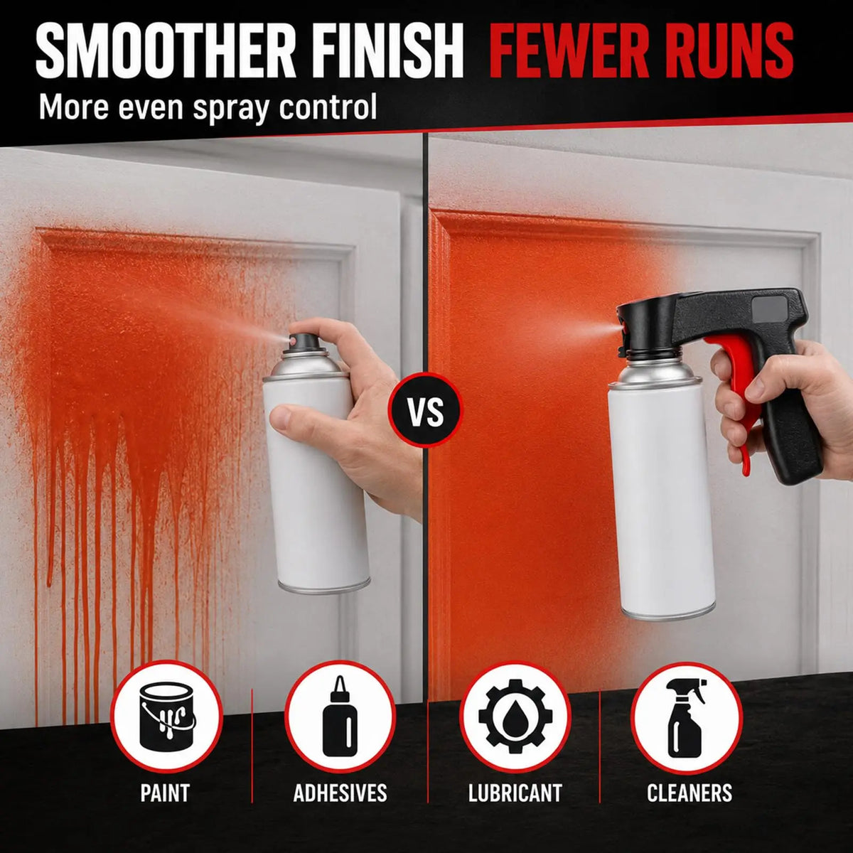 A hand sprays paint onto a door, demonstrating smoother finish and fewer runs compared to other products.