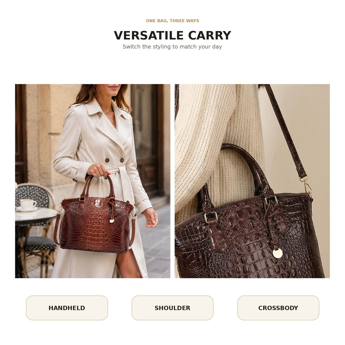 Vintage Croc-Embossed Structured Satchel Handbag