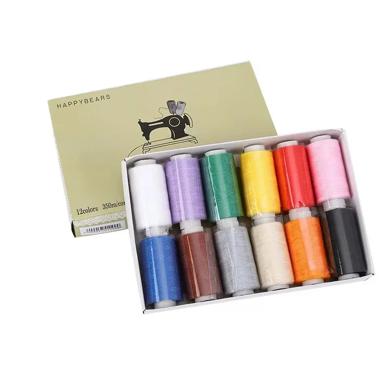 A box containing a set of 12 colors of polyester sewing thread with prewound bobbins.