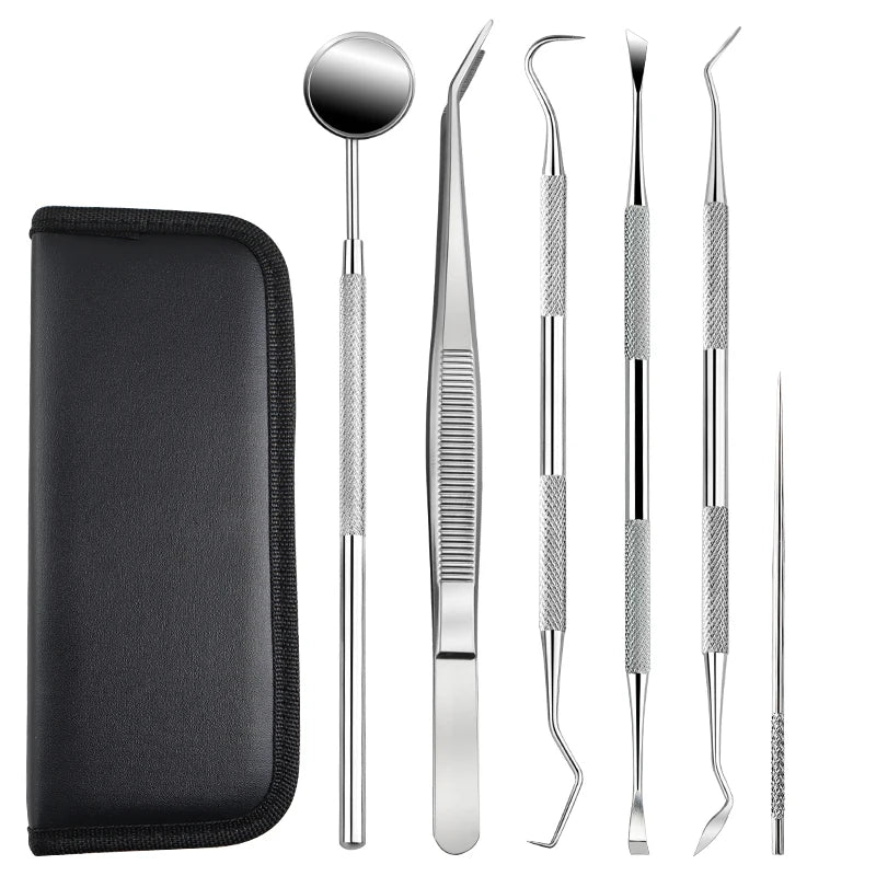 A set of premium stainless steel dental care tools including a spoon and various dental instruments.