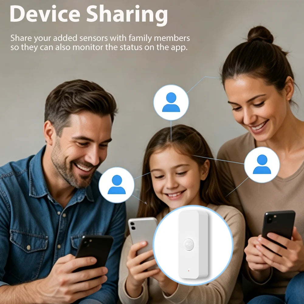 A family sharing a smart motion sensor with WiFi and Zigbee compatibility through a mobile app.