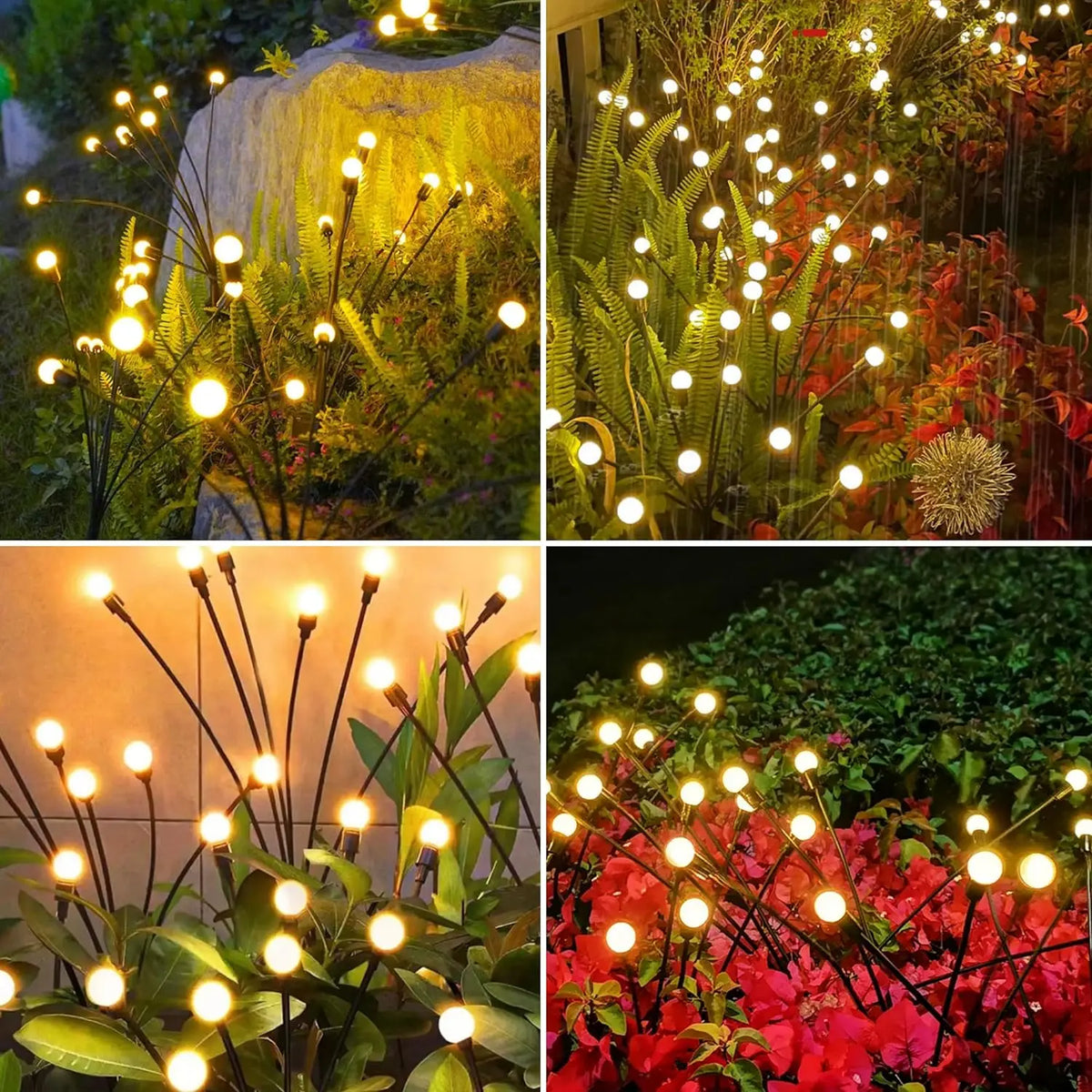 Nahaufnahme verschiedener solarbetriebener Glühwürmchen-Gartenlichter, die üppiges Grün beleuchten.
